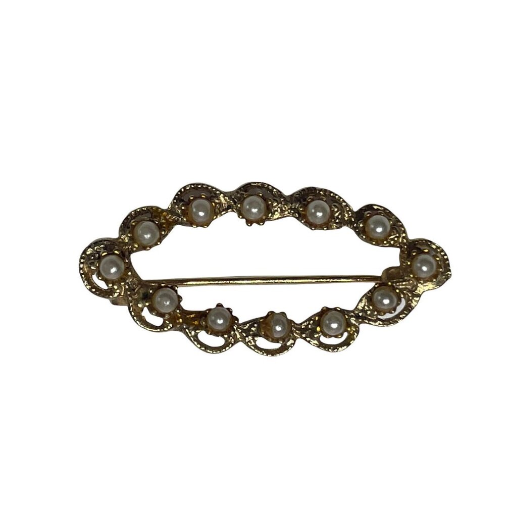 Vintage Gold Tone Faux Pearl Brooch Pin Scarf 1.5”